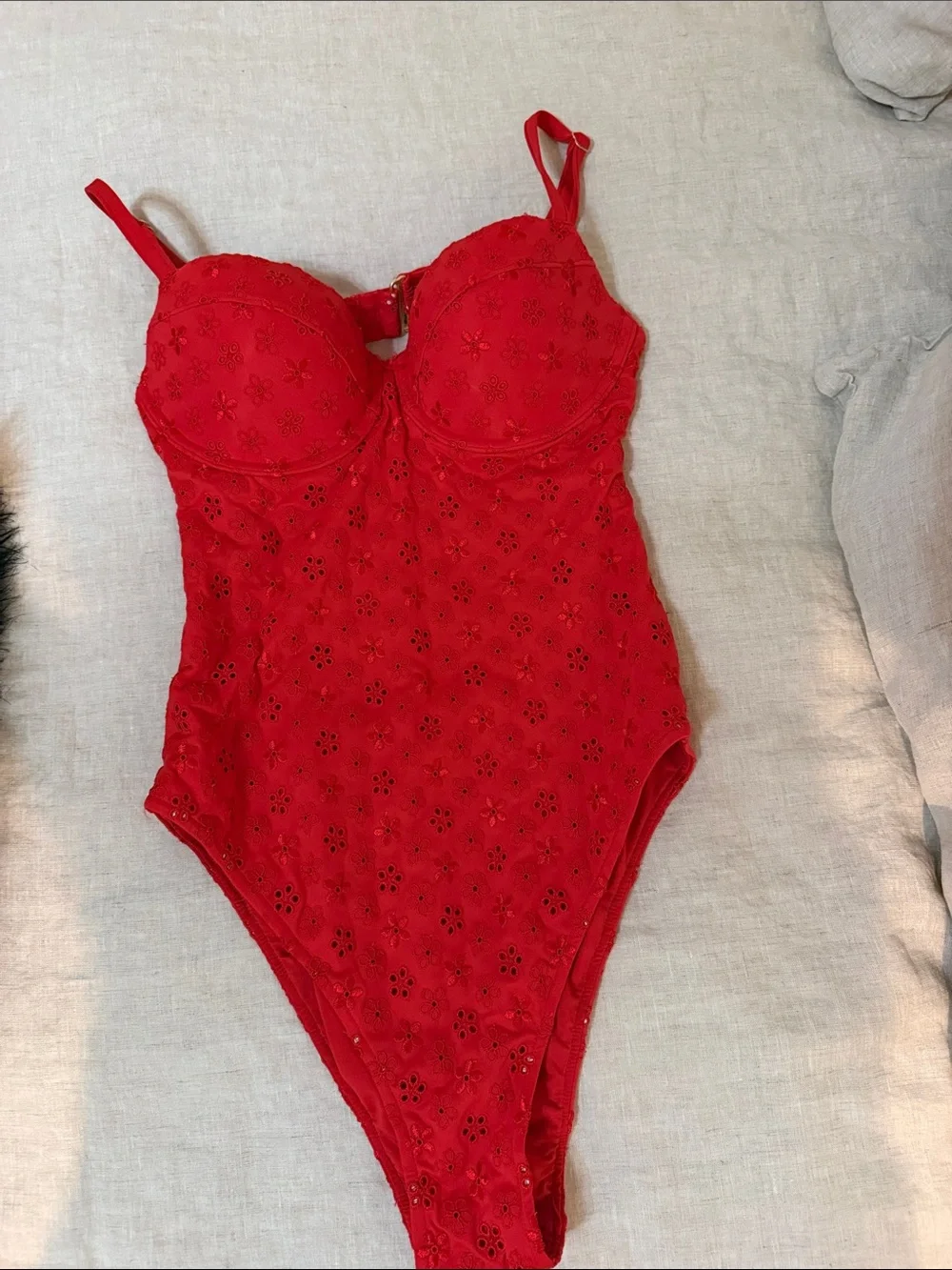 Frankie’s Bikinis x Pink Red Eyelet Lace One-Piece Swimsuit